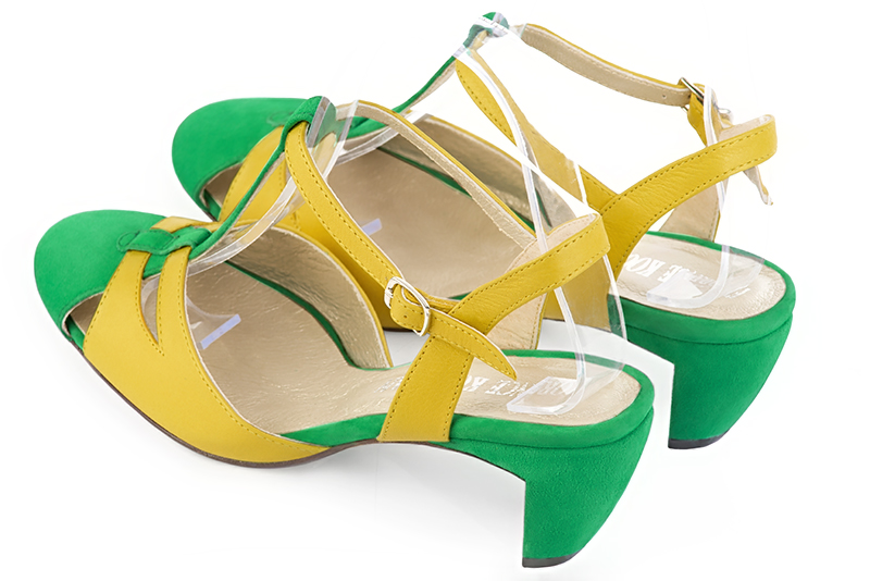 Emerald green and yellow women's open back T-strap shoes. Round toe. Medium comma heels. Rear view - Florence KOOIJMAN